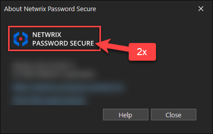 About Netwrix Password Secure dialog with the Netwrix Password Secure logo highlighted for a double-click.