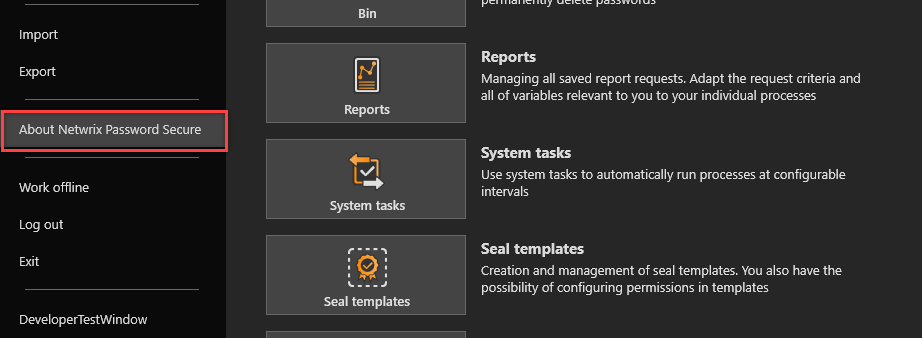 Backstage menu of the Windows App with the 'About Netwrix Password Secure' item highlighted.