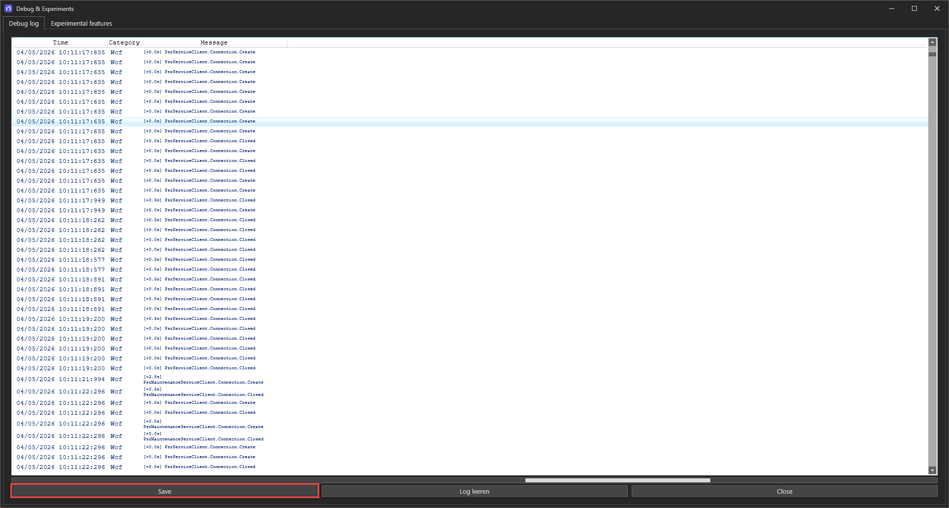 Debug & Experimental window with the log list and the Save button highlighted.